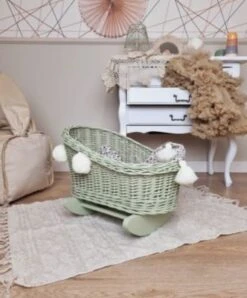 TinaForKids Puppenwiege Aus Weiden Mit Bettwäscheset, Puppenbett Grün/Weiß